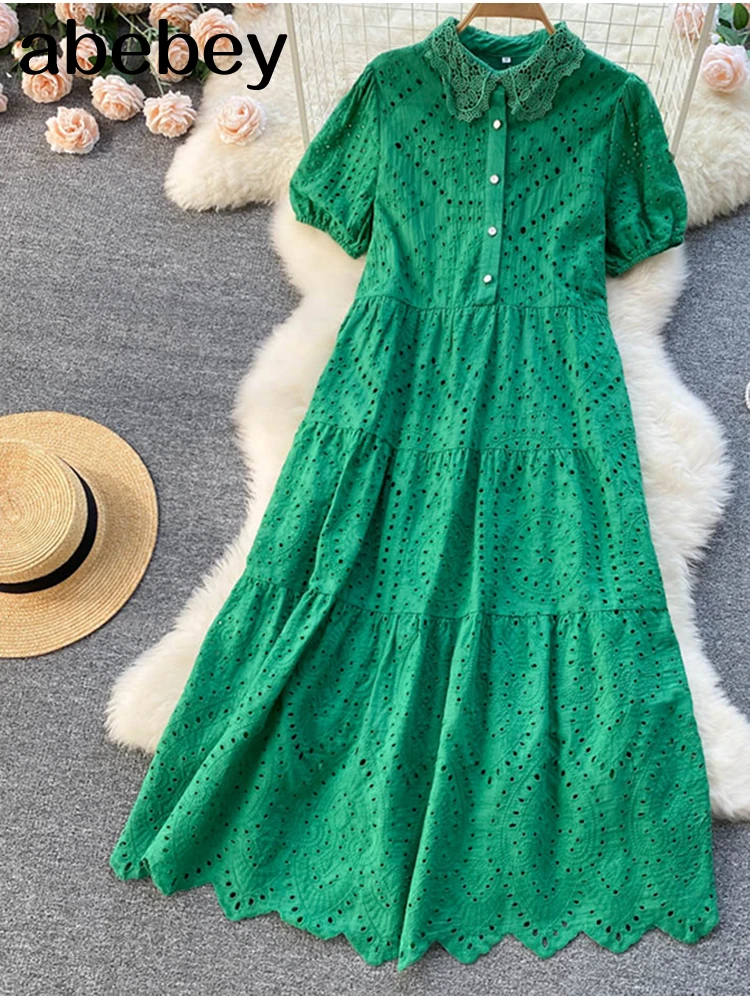 

Женское кружевное платье с вышивкой, белое/зеленое/розовое длинное платье макси с коротким рукавом, вечерние тажное вечернее пляжное плать...