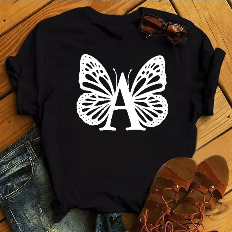 

New O-neck Women's Tops Letter A Butterfly Print Women's Tops Customizable Patterns Women's Tops Women's T-shirts
