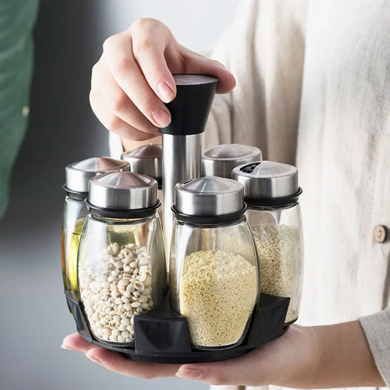 6 Jars Revolving Spice Rack Organizer Caddy Rotating Holder Spice Storage for Seasoning Salt Sugar Pepper Shakers Jar Bottle