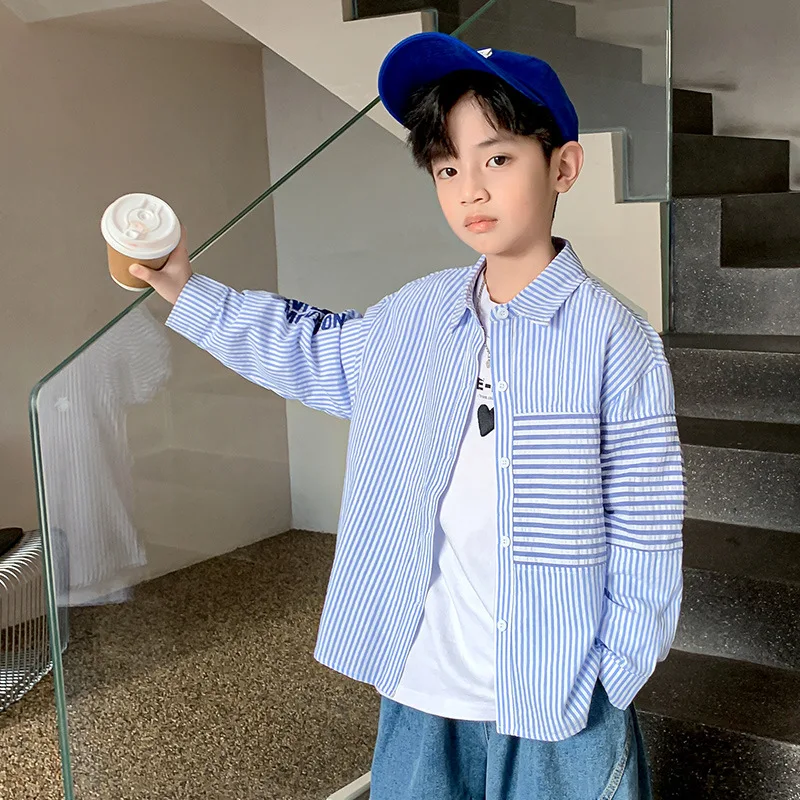 Рубашка хлопковая с длинным рукавом для мальчиков 4-15 лет | Блузки и рубашки