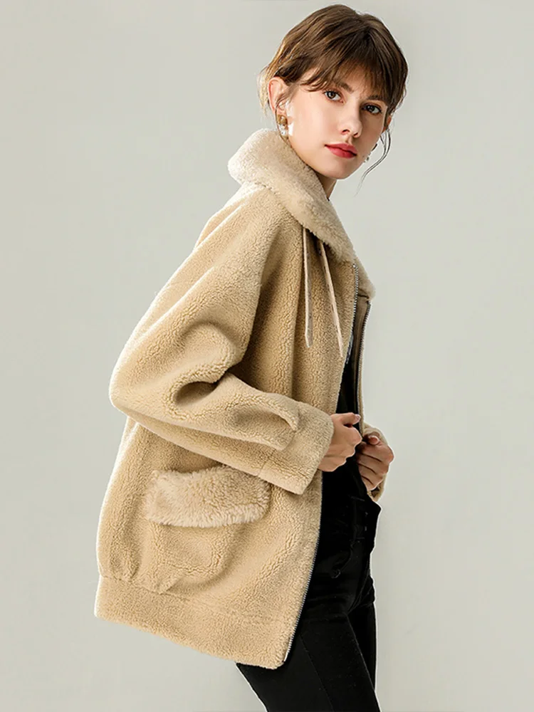 New Women Grained Australian Lamb Wool Coat Autumn Winter Casual Fashion Double-faced Fur Loose Sheep Shearling Jacket Female