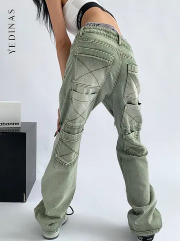 Yedinas Streetwear Green Boyfriend Jeans Women Vintage Washed Multiple Pockets Wide Leg Pants High Waist Baggy Denim Trousers