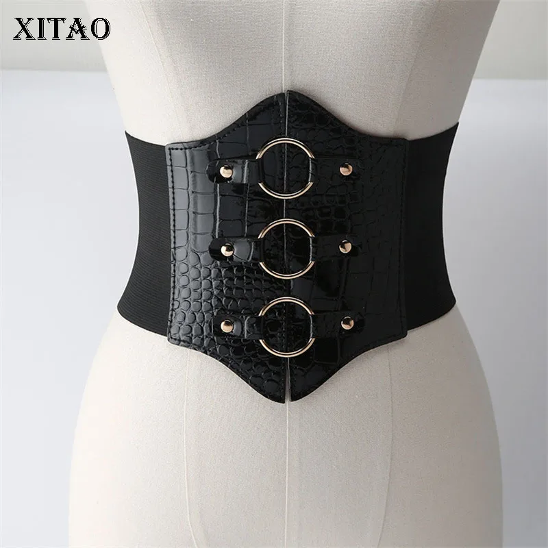 

XITAO Artificial Leather Cummerbunds Fashion Black Small Fresh Elastic Waist Elasticity Irregular Elegant Cummerbunds GWJ3014