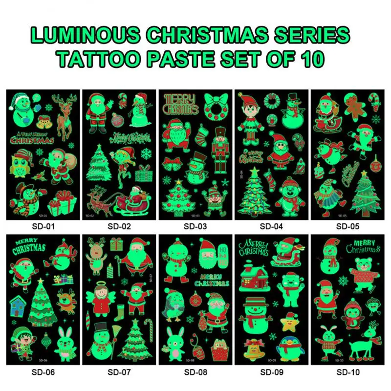 

10Pcs Luminous Tattoo Sticker Children Arm Face Glowing Tattoo Children Body Art Tattoo Christmas Tattoo Cartoon Santa Claus