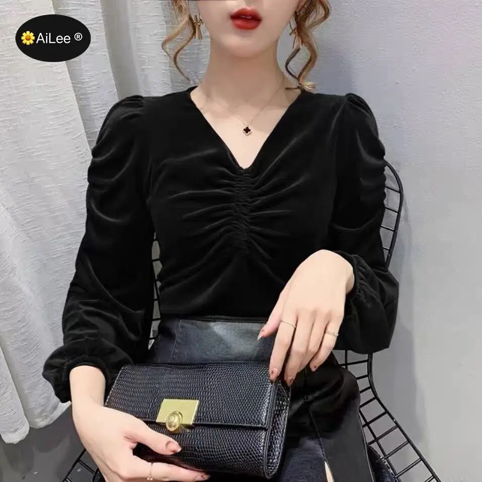 Женская плиссированная блузка на флисе с длинным рукавом и рюшами