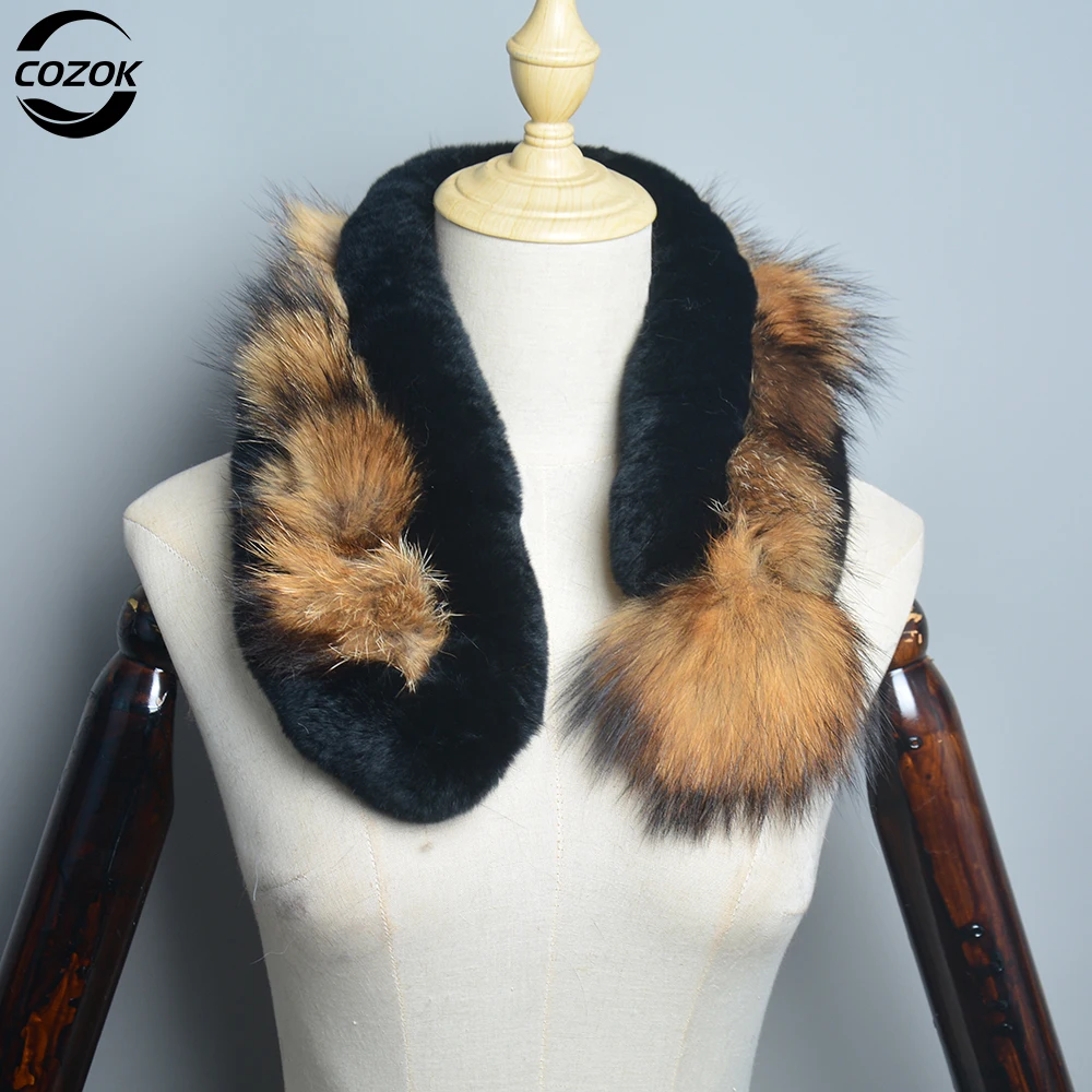 

New 2023 Short Style Women 100% Natural Rex Rabbit Fur Scarves Winter Warm Lady Knitted Real Raccoon Fur Rex Fox Fur Muffler