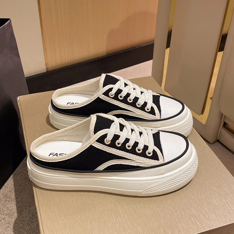 

Beige Heeled Sandals Cover Toe Female Shoes Slippers Women Summer Slides Med Black 2022 Flat Soft Fabric Cross-tied Casual Canva