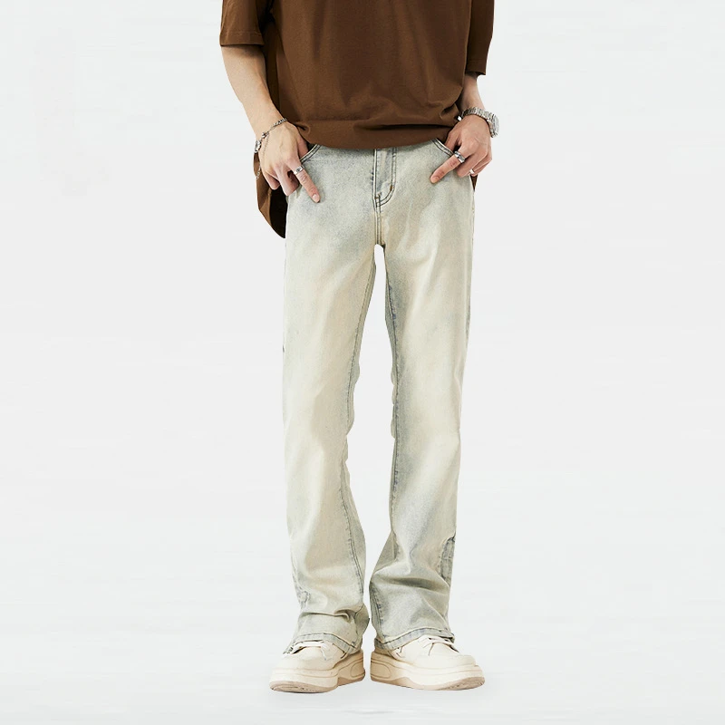 

Teenage Trend Jeans Men High Street Retro Wash To Do Old Yellow Mud Dyed Zipper Split Straight Leg Jeans