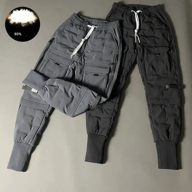 Winter New Men's Windproof Waterproof Down Pants Warm Slim Duck Down Elastic Small Feet Cargo Pants Outdoor Pantalon Gray Jogger