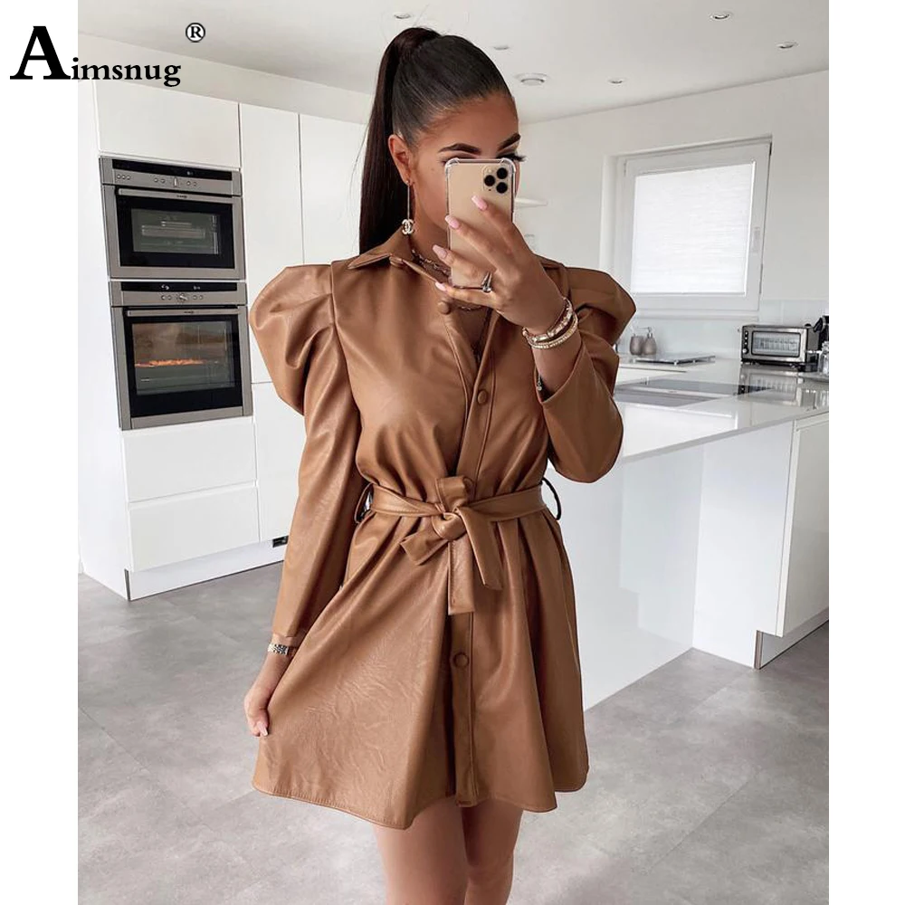 

Aimsnug Women Fashion Pu Leather Dress Long Sleeve Lepal Collar Button Party Dresses 2022 Vintage Shshes Robe Casual Mini Dress