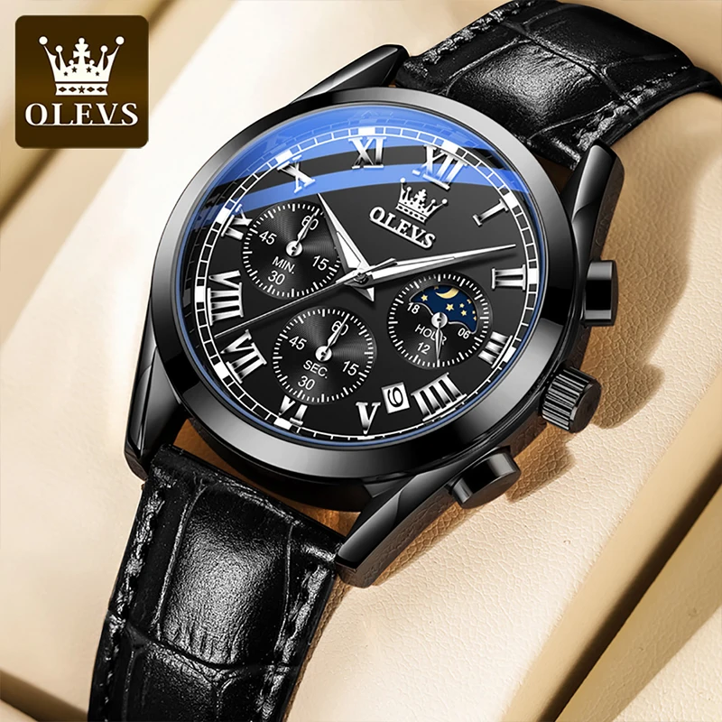 

OLEVS New Multifunctional Chronograph Moon Phase Sports Three Eyes Six Needles Waterproof Luminous Men's Leather Strap Watches