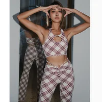 GymHUB Sexy Fashion Checkered Yoga Suit Set Women's Neck Hanging Vest With Breast Pad Drawstring Sports Fitness Bell Bottoms