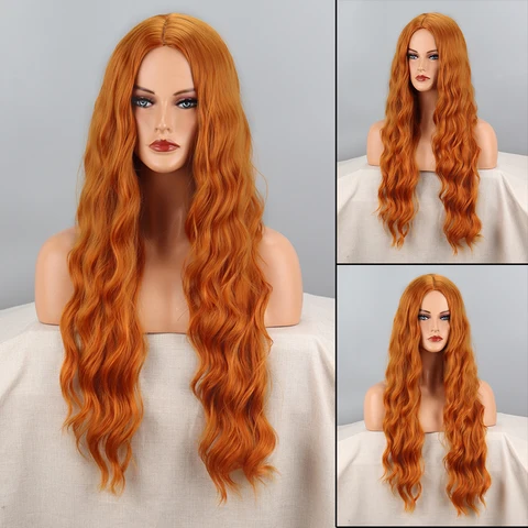 Длинные золотисто-оранжевые волнистые синтетические парики, натуральные вьющиеся парики для женщин, косплей, повседневный износостойкий термостойкий парик