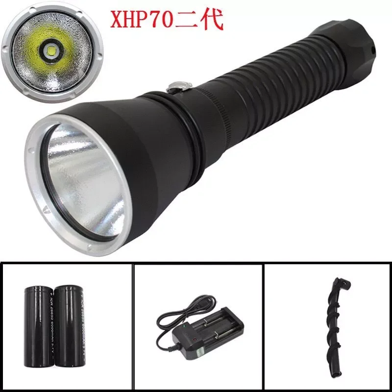 

NEW2023 Waterproof diving flashlight XHP70 LED white/Yell light underwater sucba dive photography spearfishing torch +2x 22650