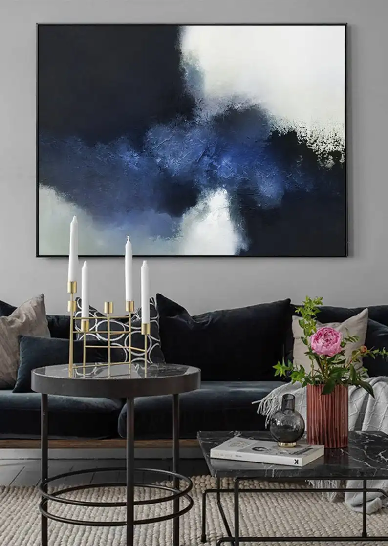 

blue abstract painting ocean painting black white painting large abstract painting office wall decor abstract acrylicblue wall