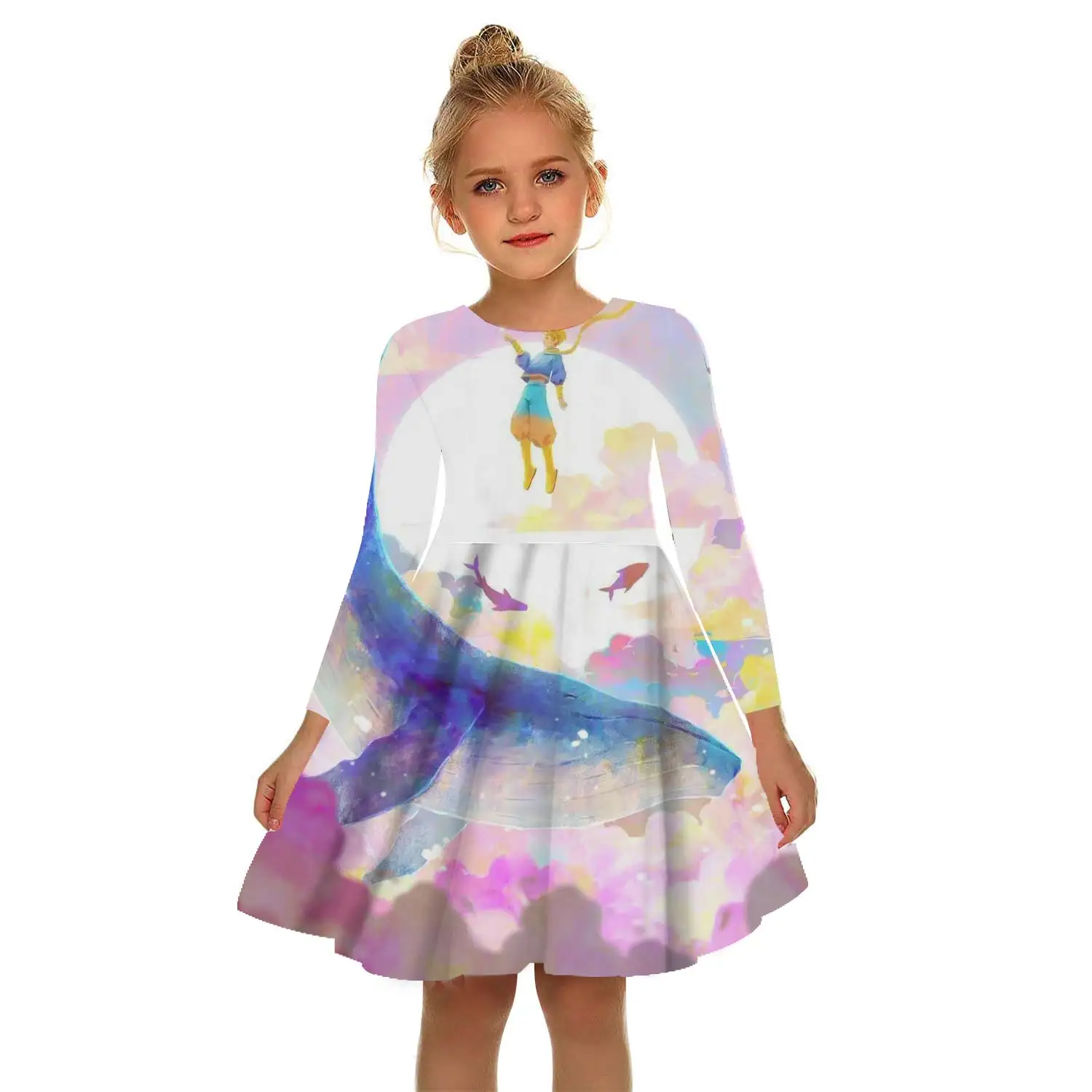 

Ocean Summer Dress 3D Printing Birthday Party Princess Dress Lace Skirt Wedding Rainbow Children Retro Floral Whale Dress 2-17T