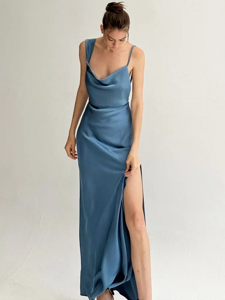 

2023 Sexy Backless High Split Maxi Dresses Elegant Temperament Solid Color V Neck Evening Party Dress for Women Summer L18