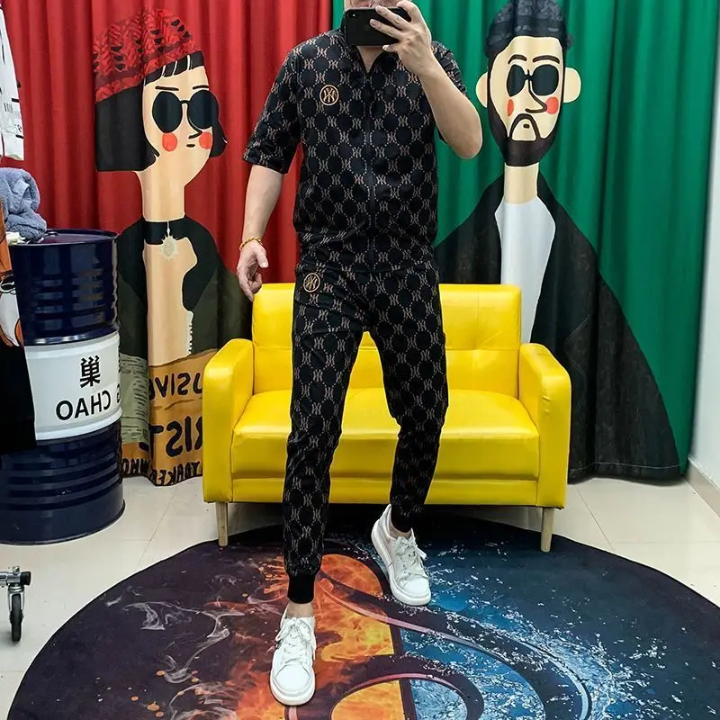 Men's Ice Silk Casual Print Suit Summer New Fashion Trend Zipper Stand-Up Collar Cardigan Top Trousers Two-Piece Set