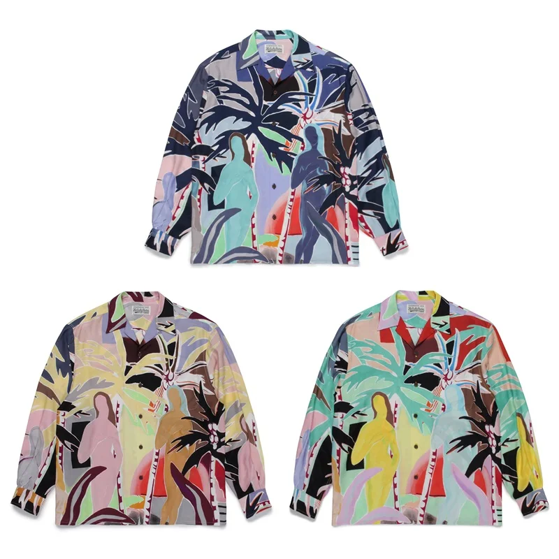 

Long Sleeve WACKO MARIA SHIRT Autumn Tees Men Women Coconut Tree Colorful Print HAWAIIAN Tops T Shirt 2023fw Oversized