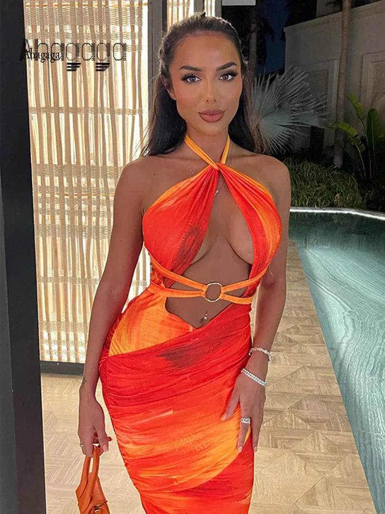 

AHAgaga Sexy Boho Print Style Dress Women Casual Backless Cut Out Lace Up Dresses Women Slim Halter Beachwear Lady Dress Summer