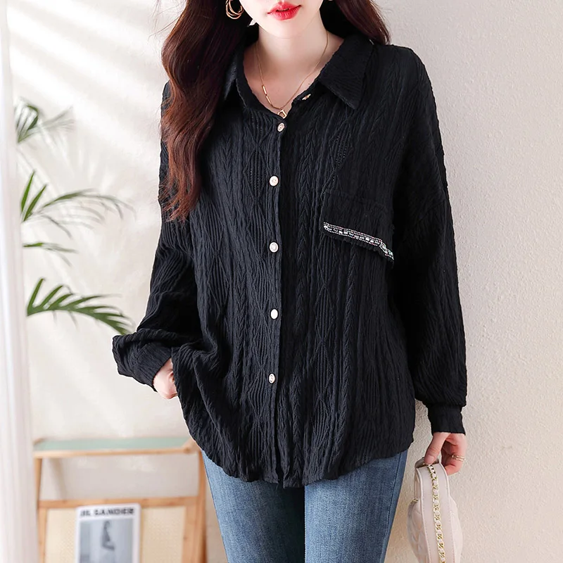 

Women Clothing Vintage Solid Casual Diamonds Shirt Spring Autumn Long Sleeve Lace Loose Chic Button Blouse Tunics