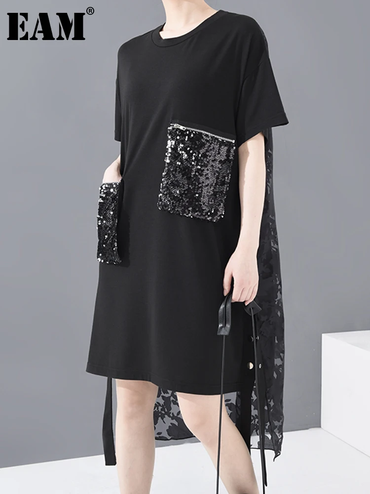 

[EAM] Women Black Sequins Back Lace Split Big Size Dress New Round Neck Half Sleeve Loose Fit Fashion Spring Summer 2022 1U12701