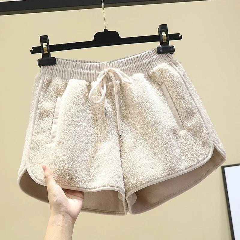 

Shorts Women Solid Drawstring Loose Korean Style All-match Vintage Elegant Winter Ladies Lambswool Warm Stylish High Street Chic
