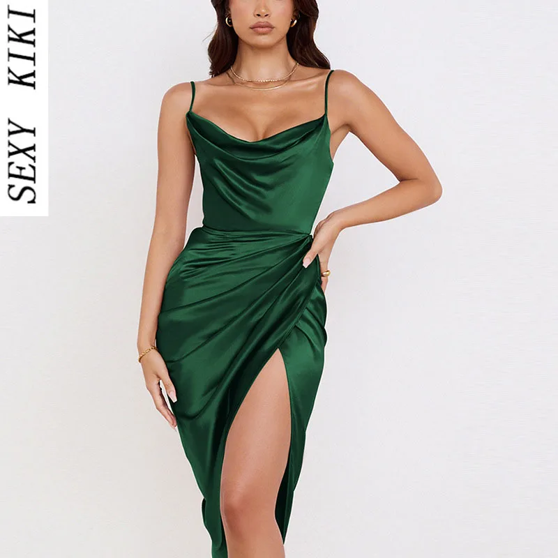 

2022 new women's sexy satin pile collar pleated open back dress chic autumn and winter suspender skirt