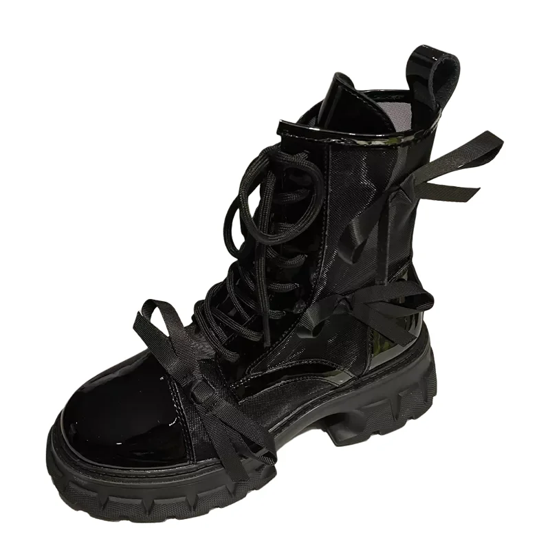 

Ladies Ankle Boots Black Mesh Lace Up New Rock Shoes Bow Designer Platform Boots Gothic Chunky Heels Punk Botas Plataforma