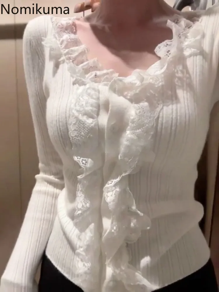 Белый кардиган топы женская одежда Sueter Mujer лоскутное кружево облегающий свитер