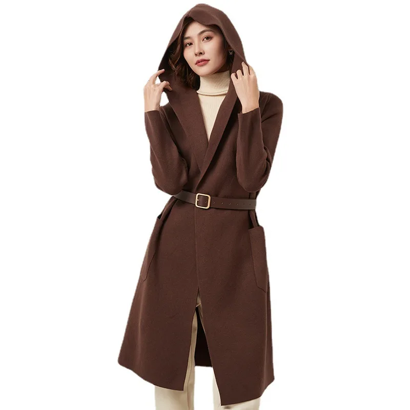 Женское шерстяное пальто с капюшоном черное или хаки Длинное свободное в