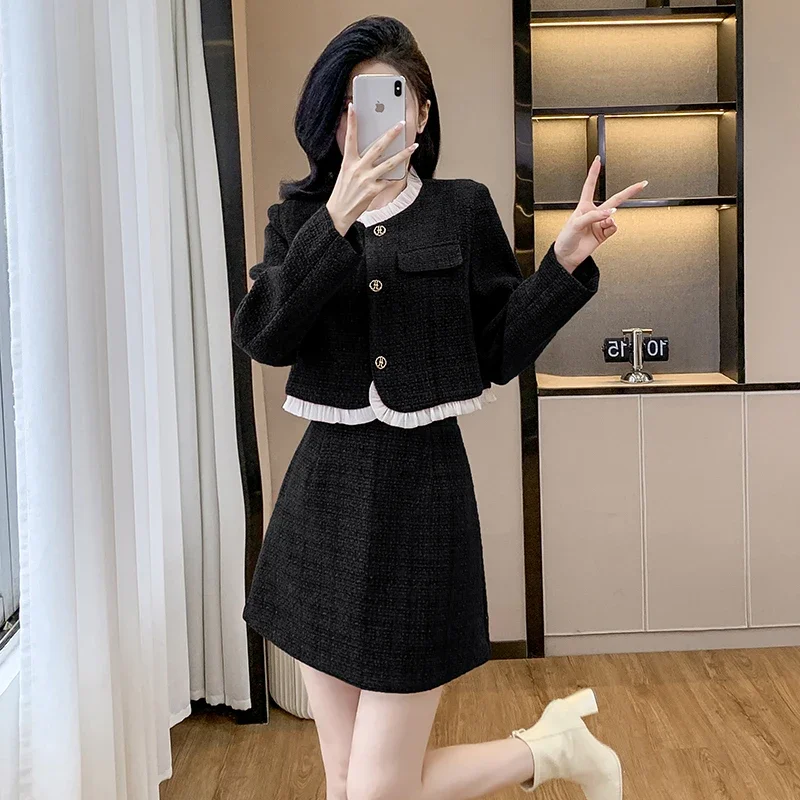 Новый осенне-зимний женский элегантный твидовый костюм с короткой юбкой модная