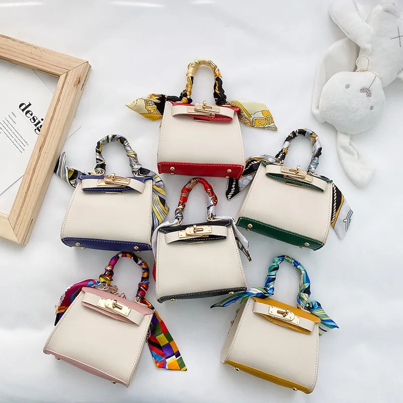 New Girls Messenger Bags Ins Silk Scarf Handbags Korean Style Pu Chain Children's Shoulder Bag Cute Mini Coin Purse Storage Bag