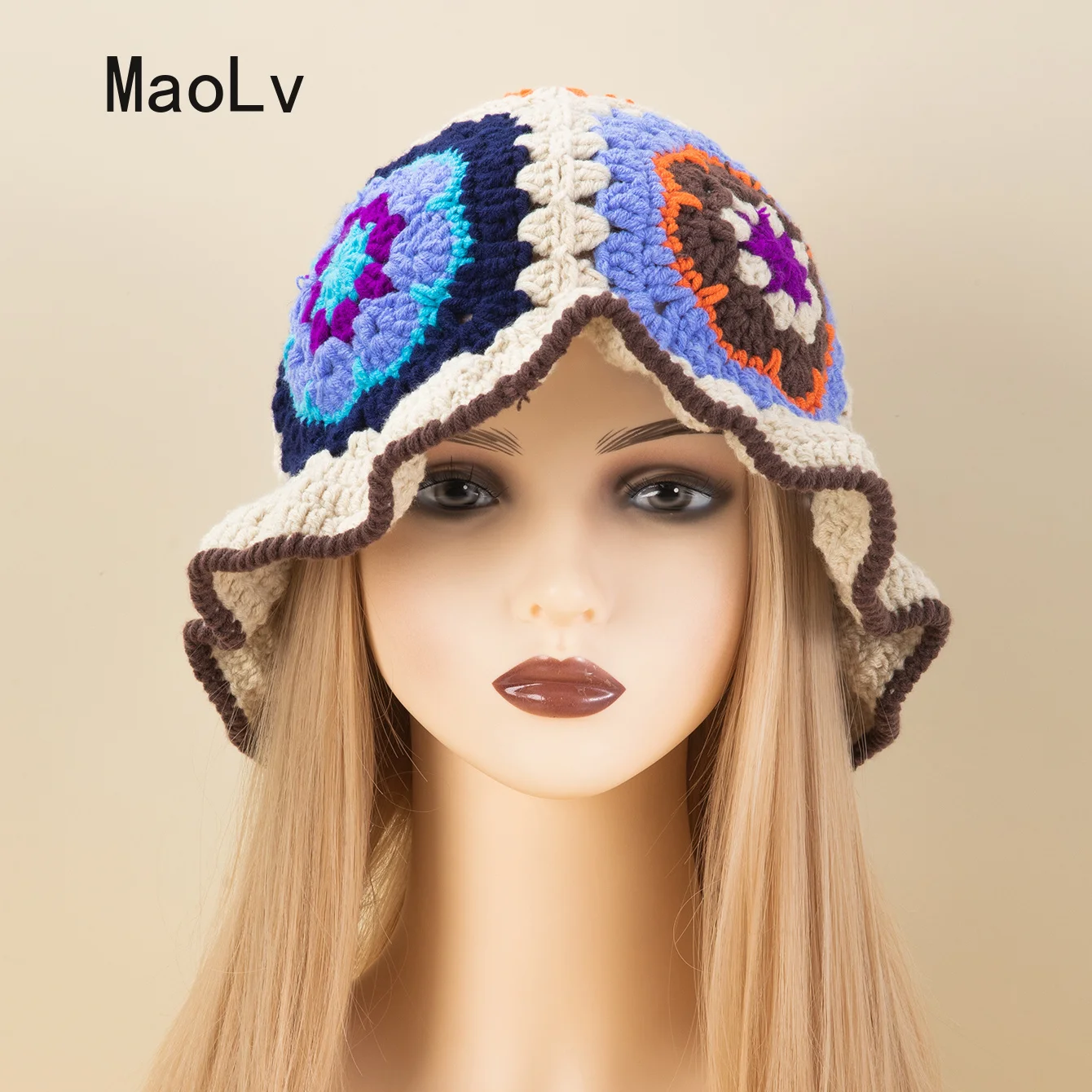 

Winter New Hand Crocheting Flower Bucket Hat for Women Korean Fashion Ins Multicolour Retro Beanies Girls Wool Knitted Skull Cap