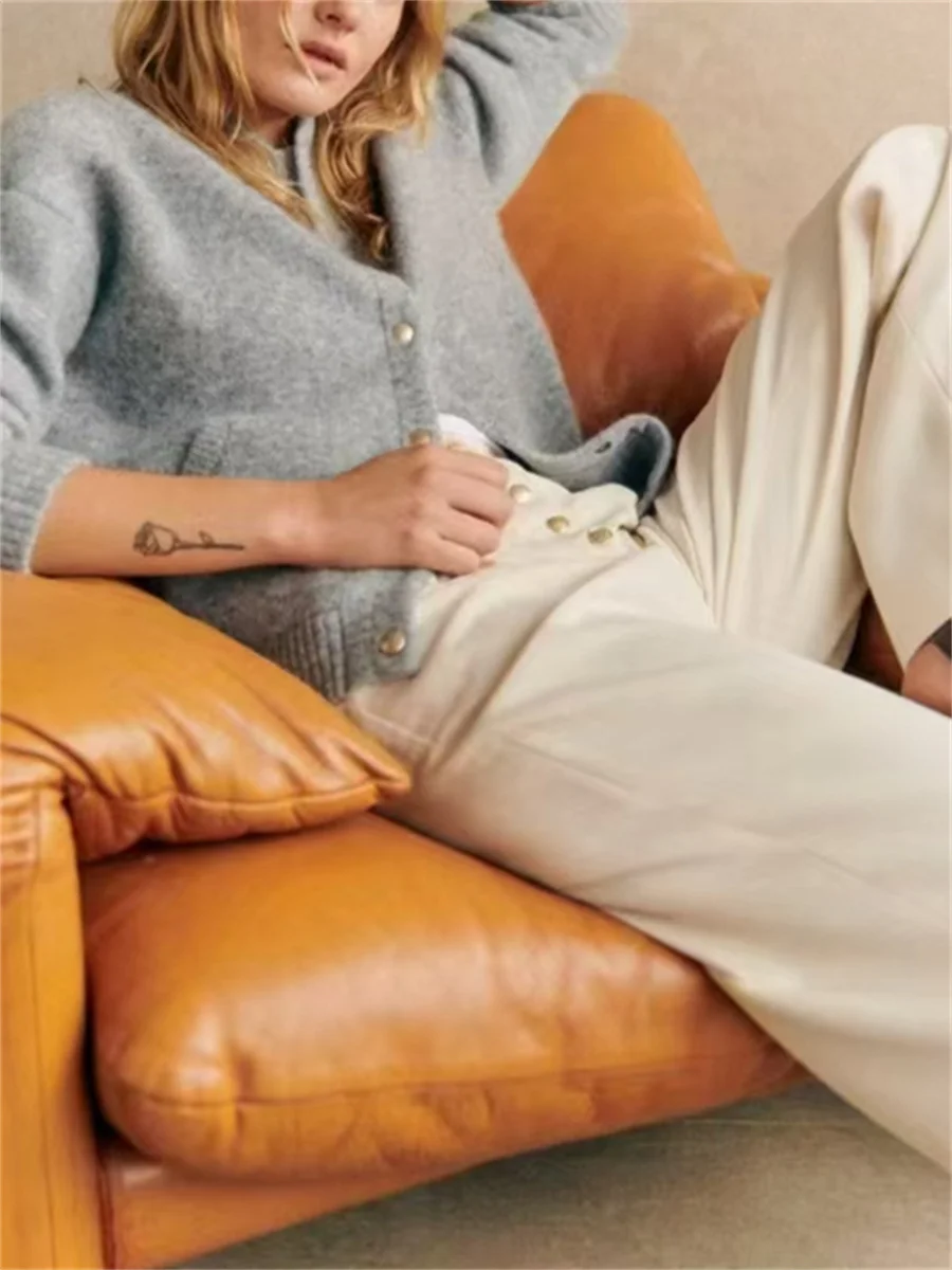 Осенний новый женский однобортный вязаный свитер с круглым вырезом серый