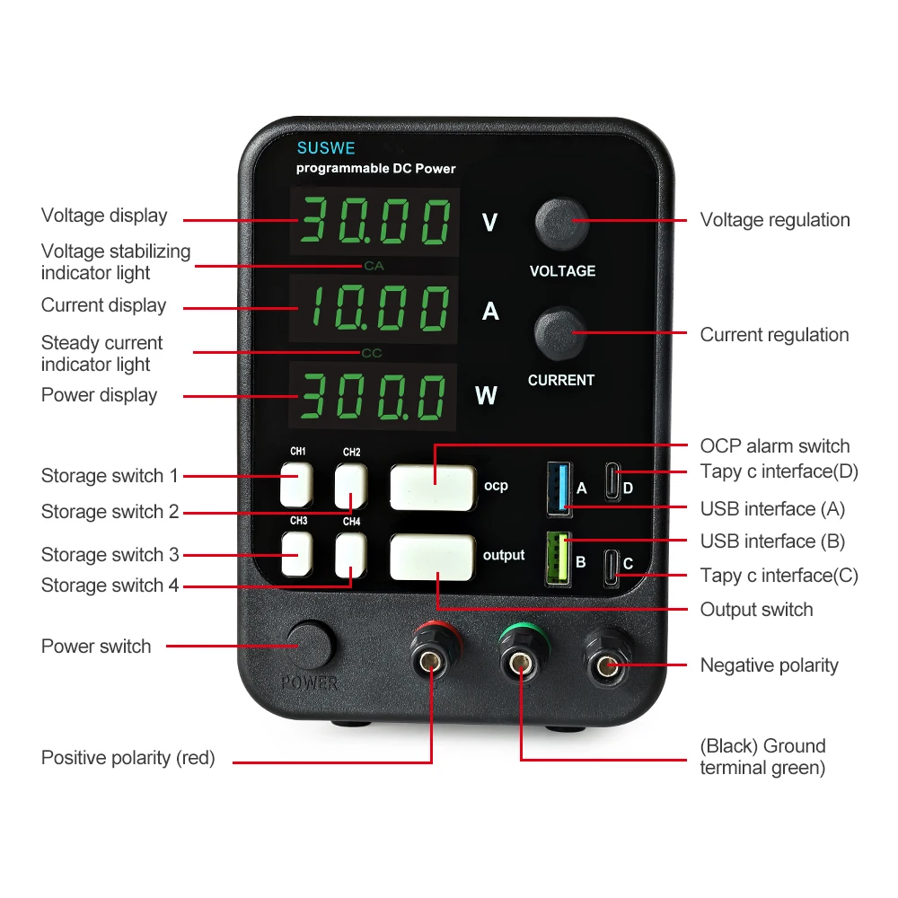 

Digits Adjustable Switching Power Supply AC To DC 30V 10A/5A For Battery Charging/Laboratory Teaching, Chemical Electroplating