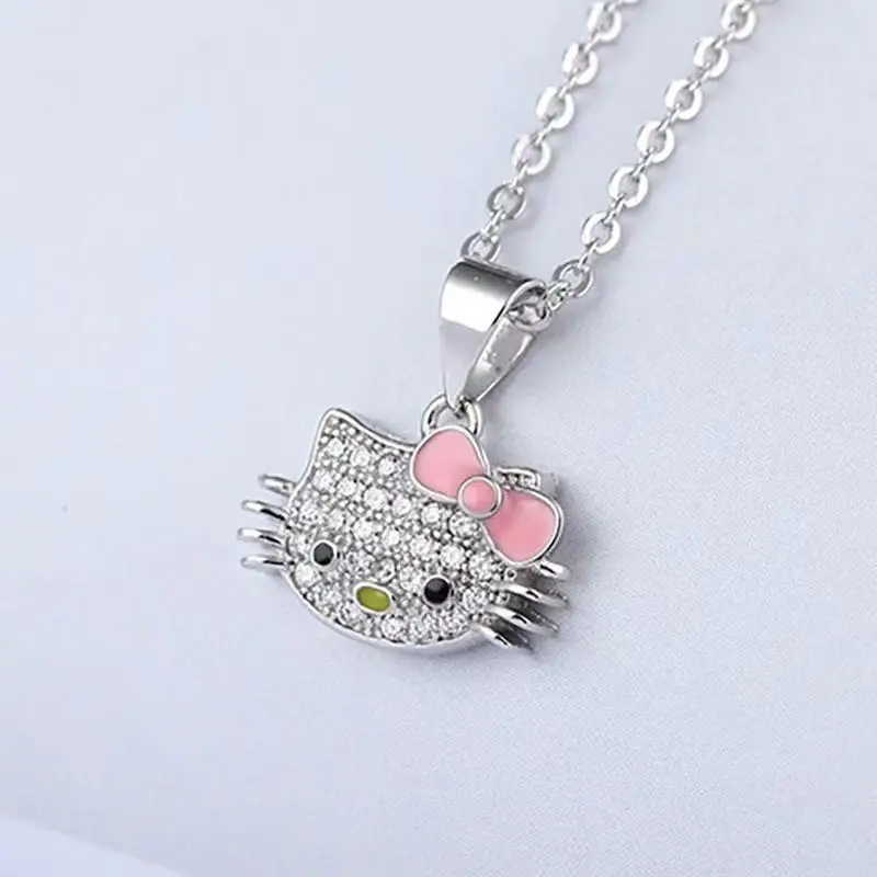 

New Hello Kitty Diamond-Embedded Open Adjustable Ring Female Student Girlfriends Cute Meow Pendant Clavicle Necklace Female Gift