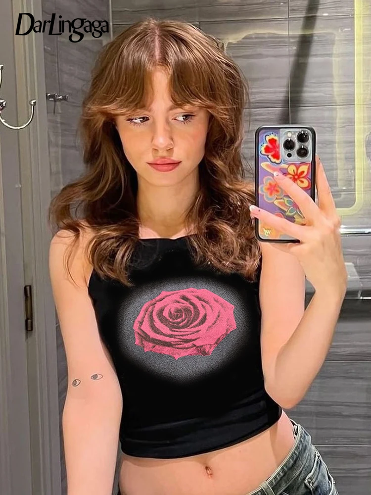 

Darlingaga Casual Dark Academia Floral Printed Vest Summer Women Tops Tanks Streetwear Gothic Sleeveless Tee Basic Cropped Top
