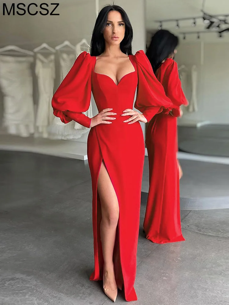 

Lantern Long Sleeve Elegant Long Evening Party Dresses For Women Autumn Winter Sweetheart Neckline Maxi Dress With Slit