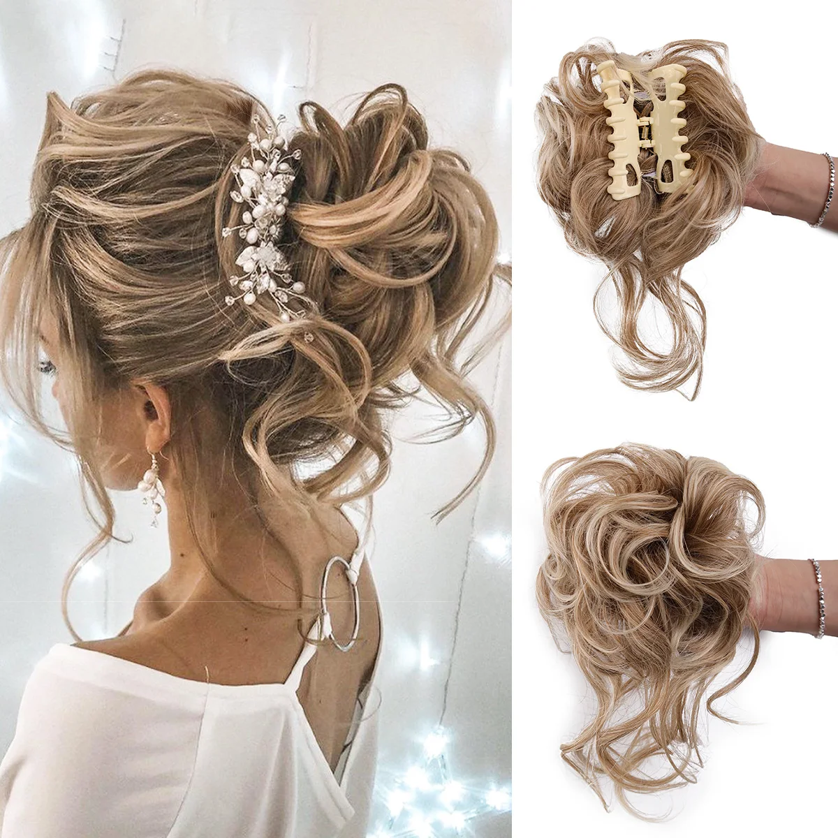 Messy Bun Hair Piece Tousled Updo Hair Extensions With Claw Clip Curly Hair Bun Scrunchie for Women Girls