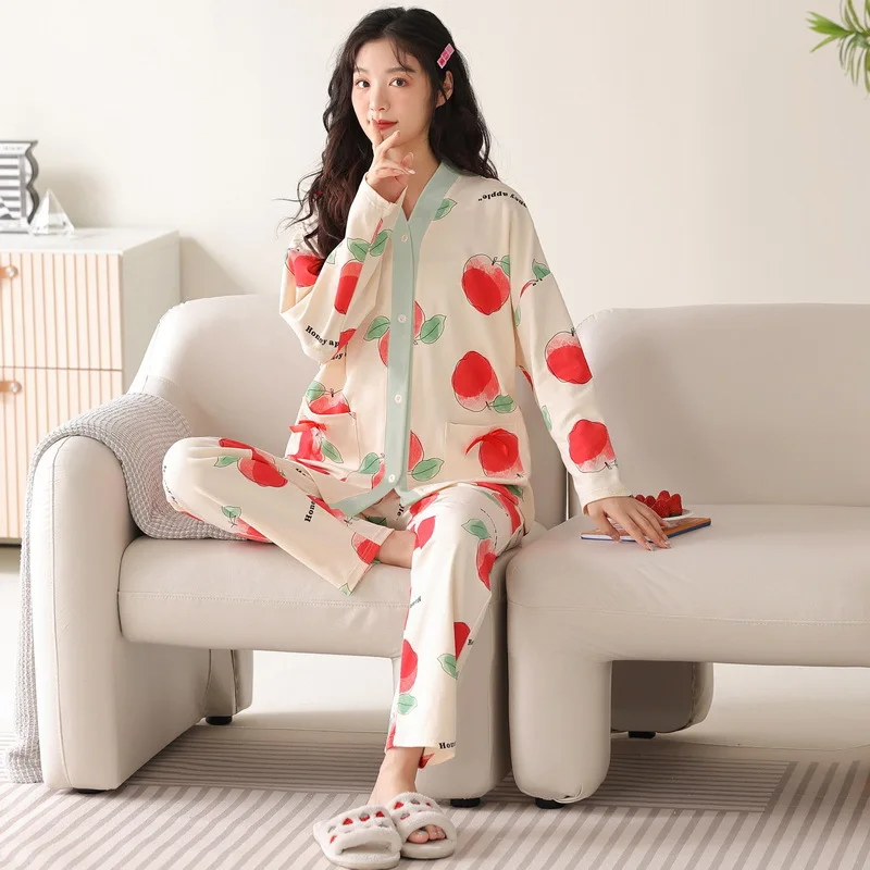 Yasuk Spring Autumn Fashion Women Casual Soft Print Sleepwear Homewear Pajamas With Pants Sweet Fruits Apple Girl Simple Cotton