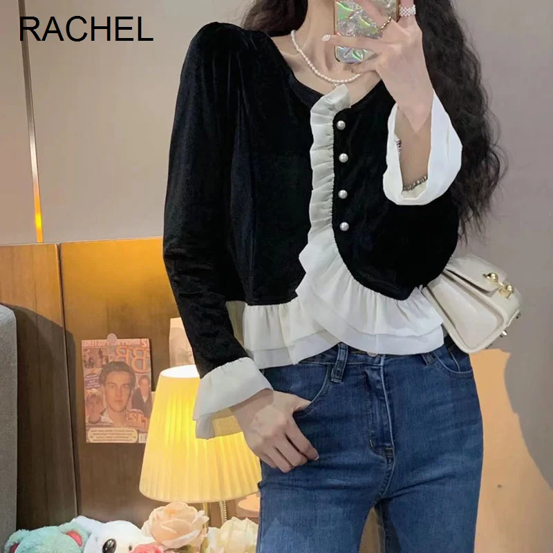 

Женская бархатная рубашка с коротким рукавом, черная рубашка во французском стиле, Осень-зима 2021