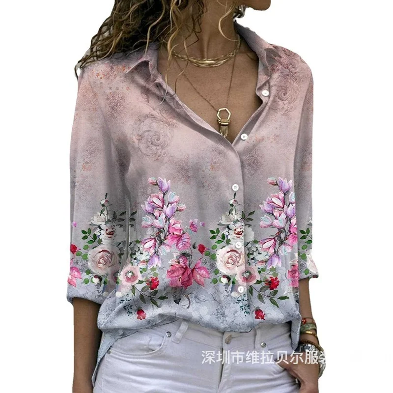 

Женская шифоновая блузка на пуговицах, винтажная Повседневная рубашка с цветочным принтом и градиентным переходом цветов, офисная блузка с...