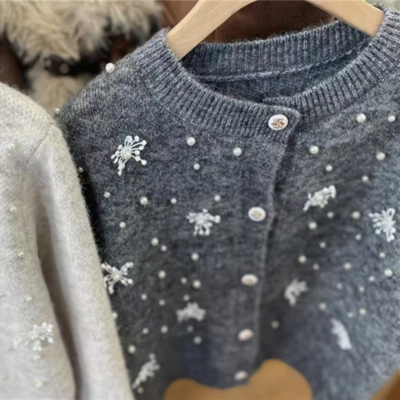 Французский вязаный кардиган со снежинками и бисером женский свитер осенний