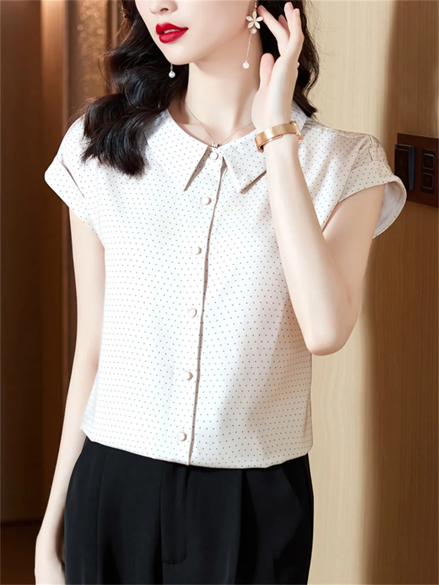 

Woman Summer Style Chiffon Blouses Shirts Lady Casual Short Sleeve Turn-down Collar Dot Printed Blusas Tops ZZ1251