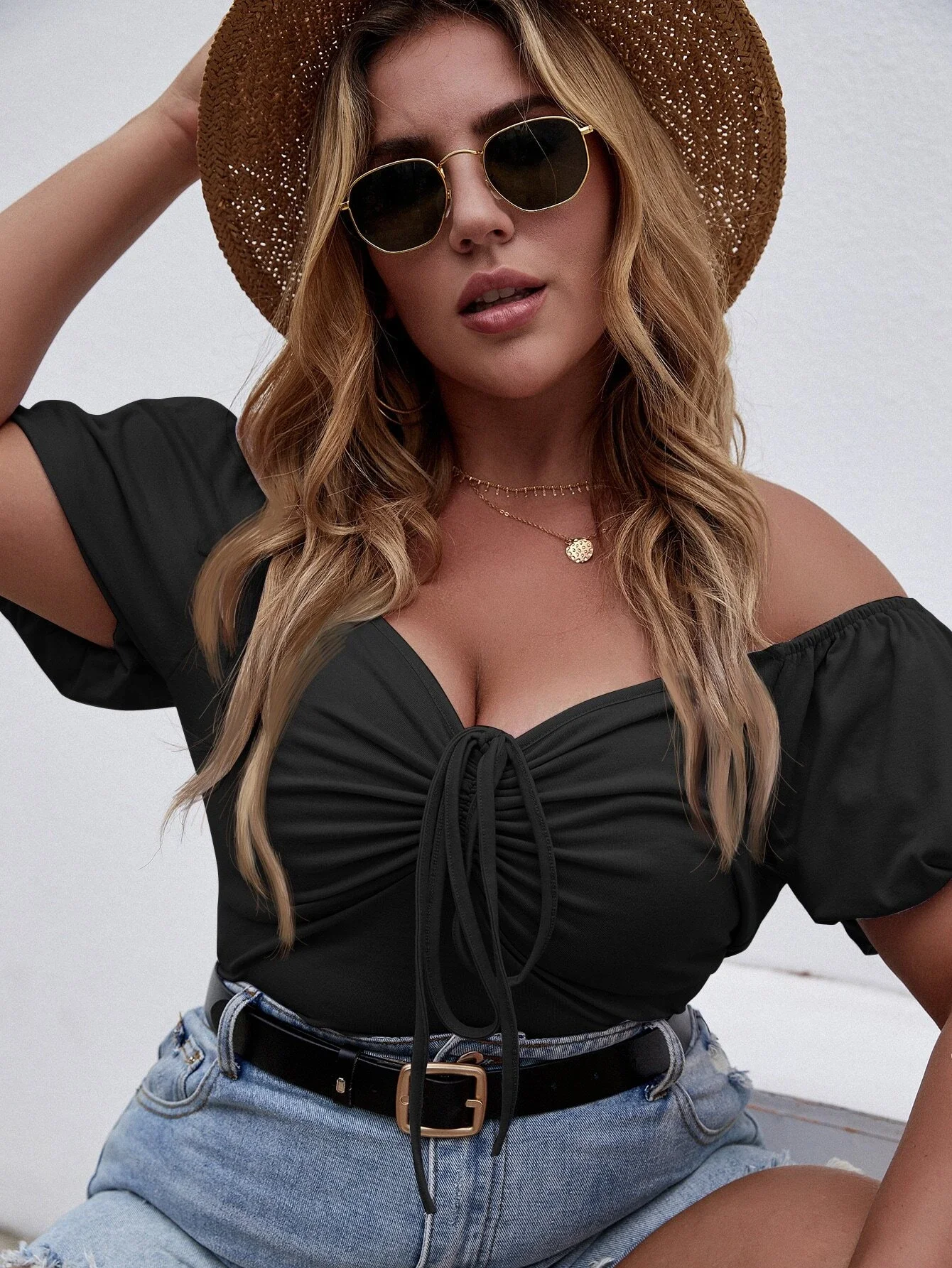 

Off-the-shoulder Drawstring Front Tee