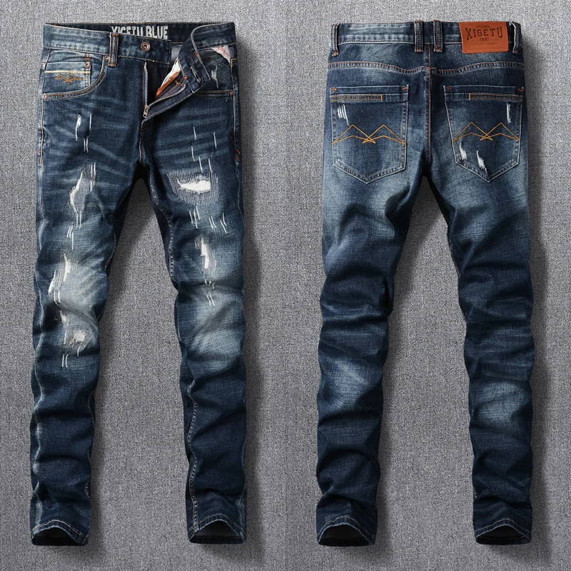 Fashion Designer Men Jeans Retro Black Blue Stretch Slim Fit Ripped Jeans Men Embroidery Patched Vintage Denim Pants Hombre