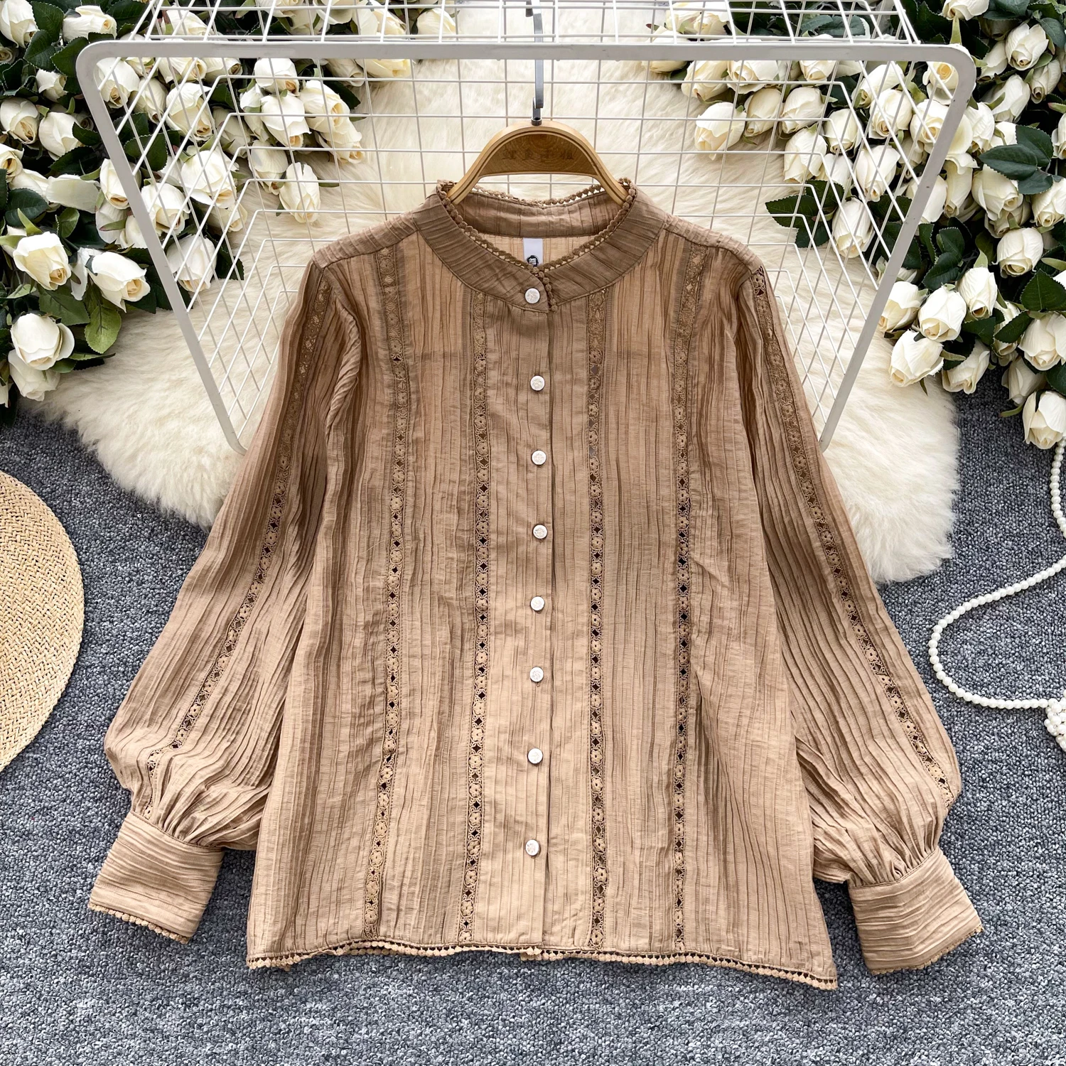 Женская ажурная блузка с воротником-стойкой Повседневная однобортная кружевом и