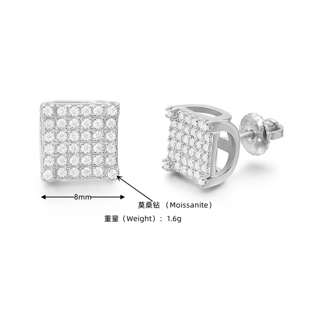 New Square Moissanite Earrings For Women S925 Silver Ear Studs Men Earrings Jewelry Pass Tester Free Shipping