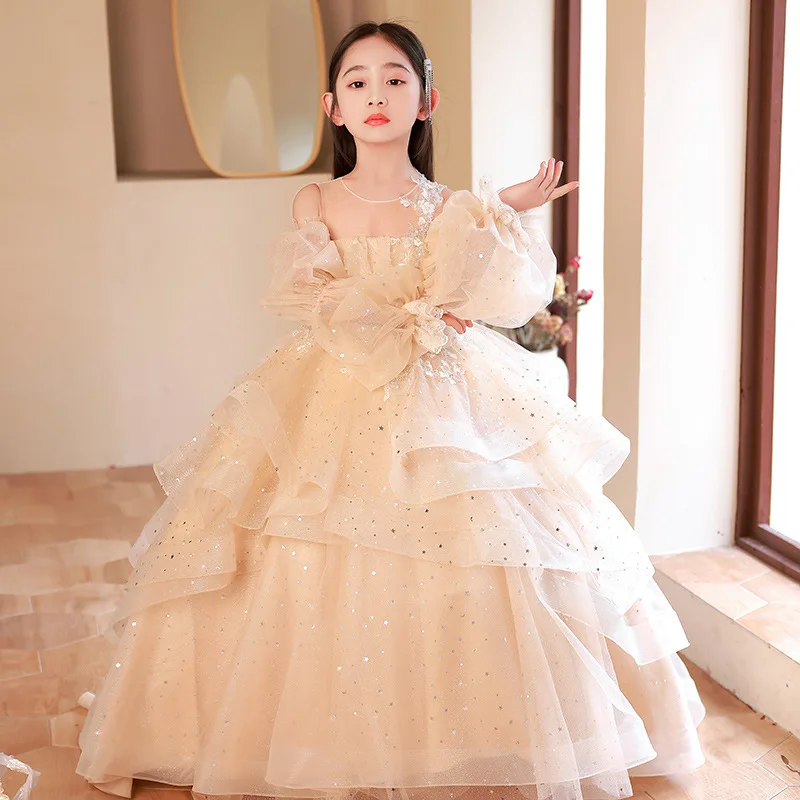 

Beaded embroidery Kids Dresses For Party Wedding Dress Sequins Children Pageant Gown baby Girls Princess Tuxedo Tulle Dress